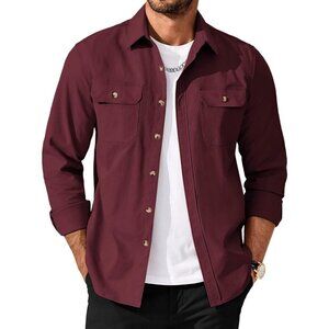 Men’s Casual Shirt Jacket, Long Sleeve Button-Up Shacket with Flap Pockets Red